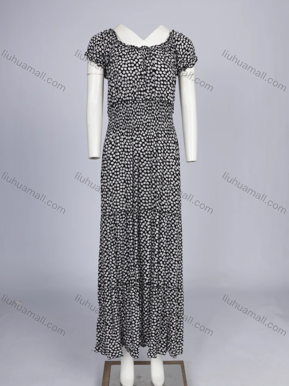 Wholesale Women's Elegant Ditsy Floral Square Neck Short Sleeve Shirred Ruffle Trim Hem Maxi Dress 1771#