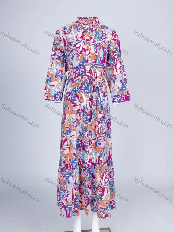 Wholesale Women's Elegant Allover Print Collared Long Sleeve Button Down Ruffle Hem Midi Shirt Dress With Belt W32#