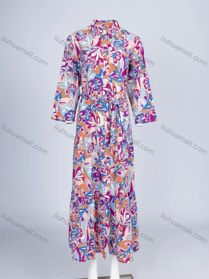 Wholesale Women's Elegant Allover Print Collared Long Sleeve Button Down Ruffle Hem Midi Shirt Dress With Belt W32#