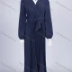 Wholesale Women's Casual Plain Wrap V Neck Long Sleeve Splicing Pleated Midi Dress With Belt W31# Dark Blue Clothing Wholesale Market Liuhua