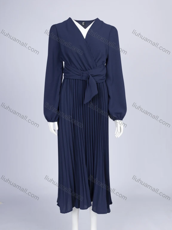 Wholesale Women's Casual Plain Wrap V Neck Long Sleeve Splicing Pleated Midi Dress With Belt W31#