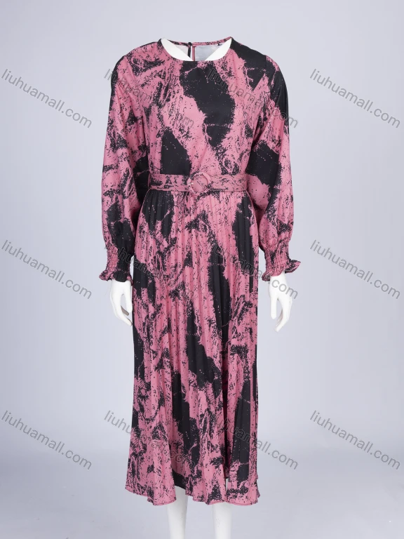 Wholesale Women's Casual Abstract Print Crew Neck Long Sleeve Splicing Pleated Midi Dress With Belt W30#