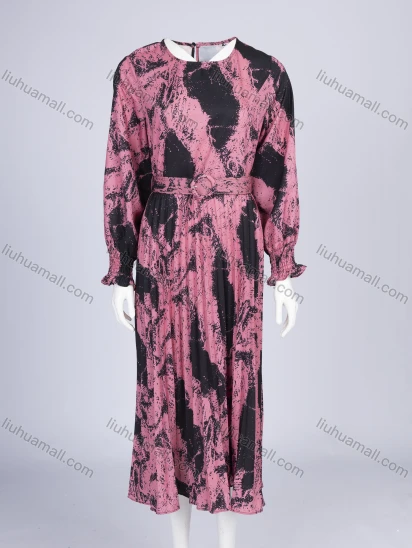 Wholesale Women's Casual Abstract Print Crew Neck Long Sleeve Splicing Pleated Midi Dress With Belt W30#
