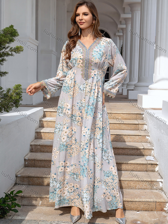 Wholesale Women's Elegant V Neck Floral Print Long Sleeve Pleated Abaya Dress