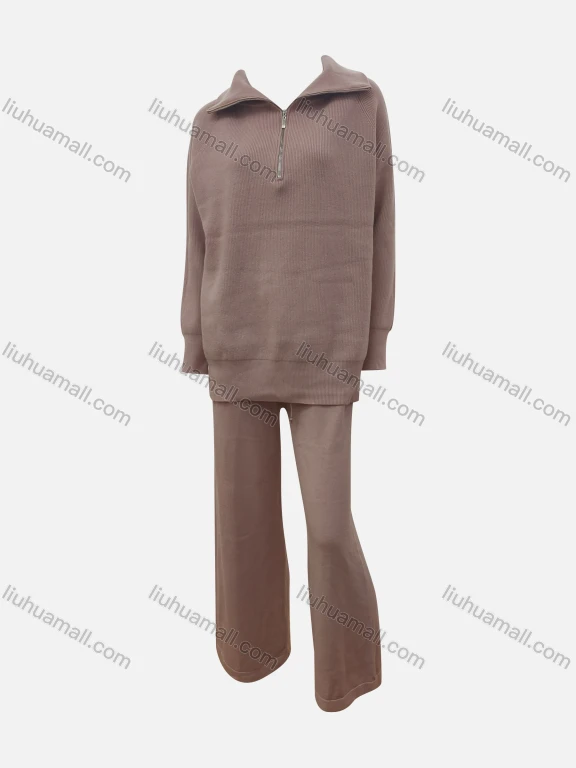 Wholesale Women's Casual Plain Quarter Zip Pullover Sweatshirt & Pants 2-Piece Set