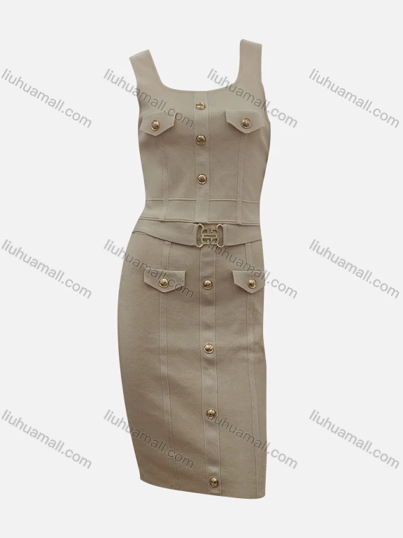 Wholesale Women's Elegant Plain Square Neck Button Front Fake Pocket High Waist Tank Short Dress With Belt