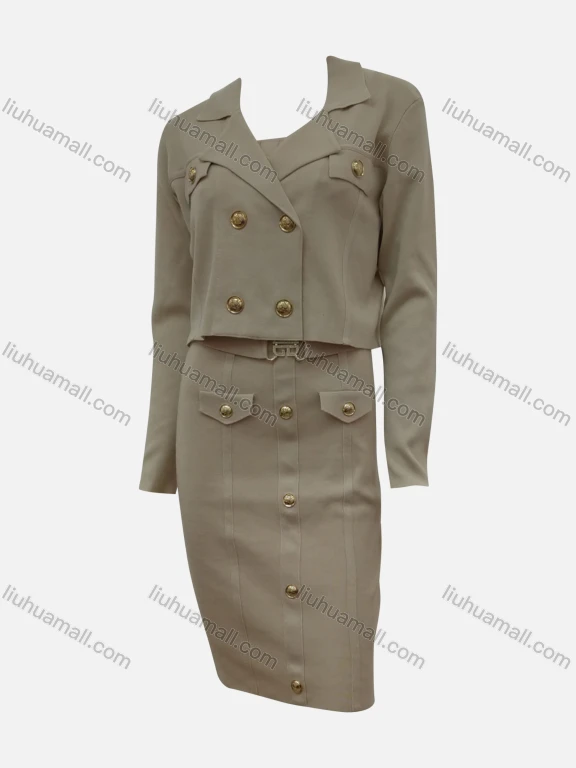Wholesale Women's Elegant Plain Lapel Double Breasted Fake Pocket Long Sleeve Short Dress 2-Piece Set