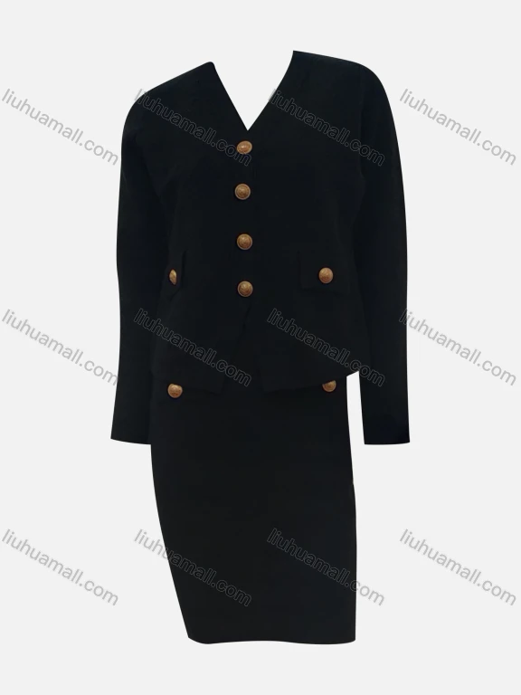 Wholesale Women's Elegant Plain V Neck Long Sleeve Button Down Pockets Short Dress 2-Piece Set