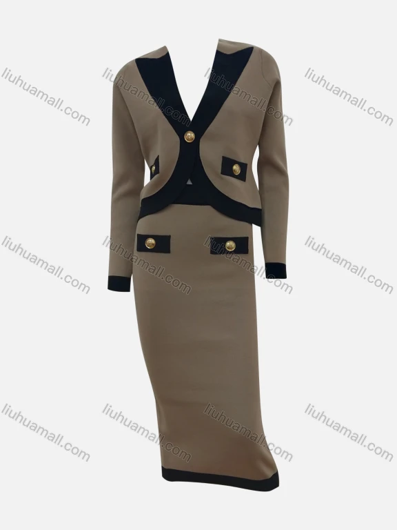 Wholesale Women's Elegant Plain Contrast Trim Long Sleeve V Neck Cardigan & Midi Skirts 2 Piece Set