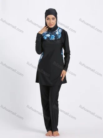 Wholesale Women's Muslim Modest Floral Print Splicing Full Coverage Burkini Swimwear With Hijab 2 Piece Set, LIUHUA CLOTHING WHOLESALE
