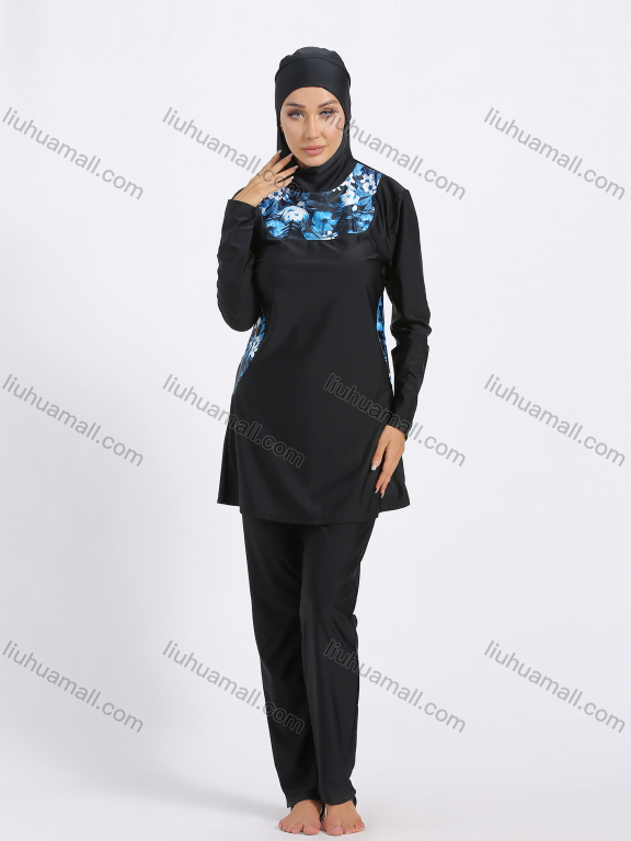 Wholesale Women's Muslim Modest Floral Print Splicing Full Coverage Burkini Swimwear With Hijab 2 Piece Set