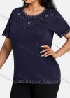 Wholesale Women's Elegant Round Neck Floral Embroidery Short Sleeve T-Shirt - Liuhuamall