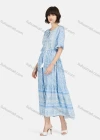 Wholesale Women's Boho Short Sleeve Tie Front Drawstring Ruffle Hem Retro Print Midi Dress - Liuhuamall