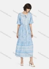 Wholesale Women's Boho Short Sleeve Tie Front Drawstring Ruffle Hem Retro Print Midi Dress - Liuhuamall