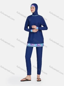 Wholesale Women's Sporty Muslim Full Coverage Plain Splicing Floral Long Sleeve Tops & Pants 2 Piece Swimsuit Set 3207#, LIUHUA CLOTHING WHOLESALE