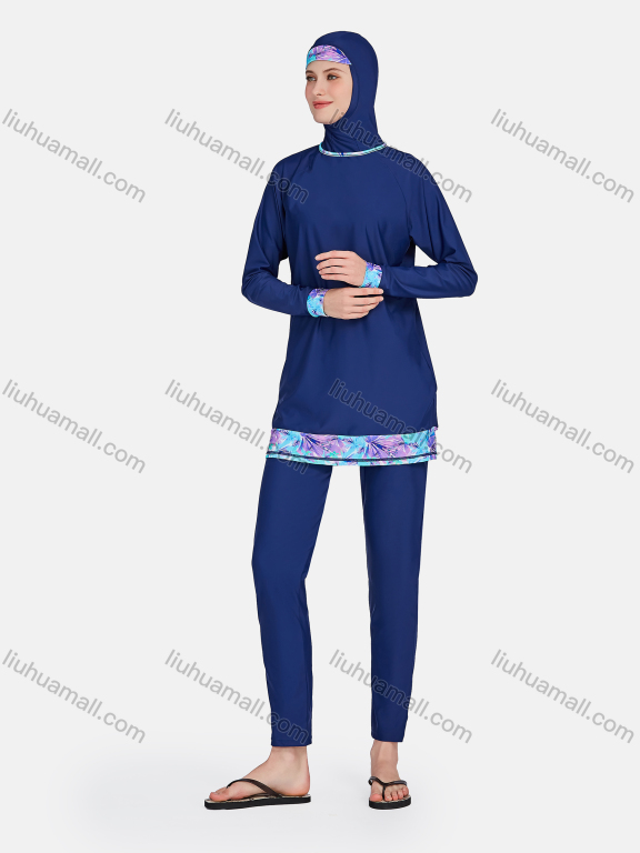 Wholesale Women's Sporty Muslim Full Coverage Plain Splicing Floral Long Sleeve Tops & Pants 2 Piece Swimsuit Set 3207#