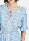 Wholesale Women's Boho Short Sleeve Tie Front Drawstring Ruffle Hem Retro Print Midi Dress - Liuhuamall
