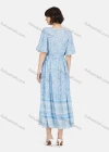 Wholesale Women's Boho Short Sleeve Tie Front Drawstring Ruffle Hem Retro Print Midi Dress - Liuhuamall