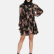 Women's Casual Floral Print Long Sleeve Shirred Ruffle Hem Chiffon Short Dress FZ017# Black Clothing Wholesale Market -LIUHUA