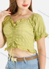 Wholesale Women's Chiffon Sweetheart Neck Ruffle Trim Poet Sleeve Plain Crop Blouse - Liuhuamall