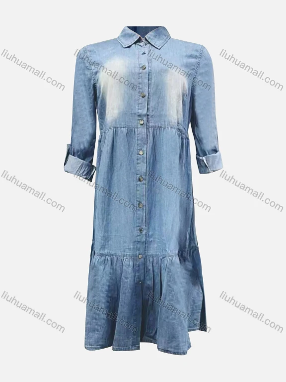 Wholesale Women's Casual Collared Rolled Sleeve Distressed Tiered Denim Shirt Dress