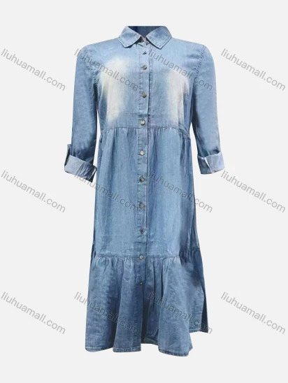 Wholesale Women's Casual Collared Rolled Sleeve Distressed Tiered Denim Shirt Dress