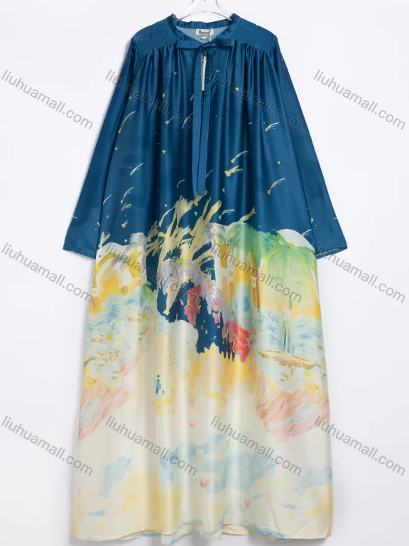 Wholesale Women's Vacation Abstract Print Tie Neck Long Sleeve Maxi Dress #521001