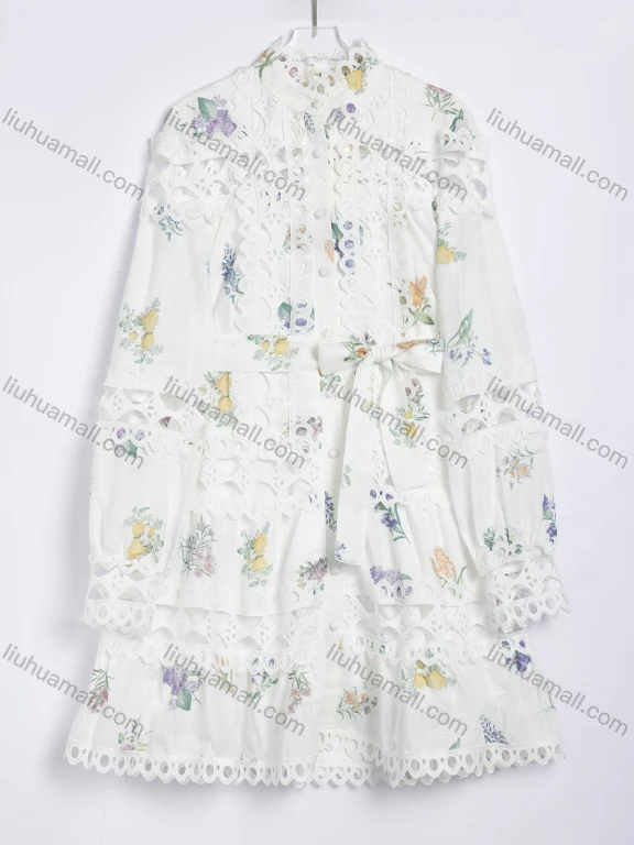 Wholesale Women's Vacation Floral Print Eyelet Lace Long Sleeve Button Up Tiered Shirt Dress #5005