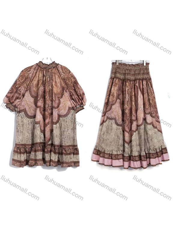 Wholesale Women's Vacation Paisley Print Puff Sleeve Ruffled Hem Tiered Skirt 2 Piece Set #1539