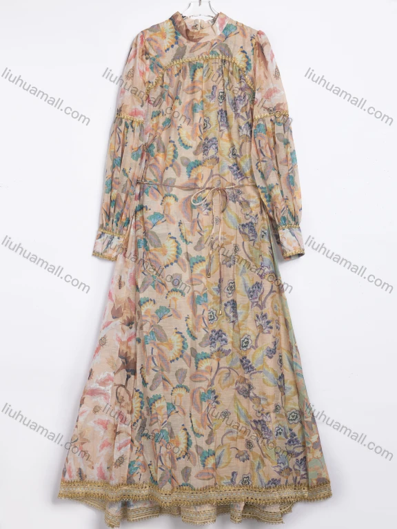 Wholesale Women's Vacation Abstract Floral Print Sheer Tie Neck Long Sleeve Maxi Dress #C2511