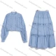 Wholesale Women's Vacation Eyelet Lace Long Sleeve Button Up Shirt And Tiered Ruffle Skirt 2 Piece Set #2521 Blue Clothing Wholesale Market Liuhua
