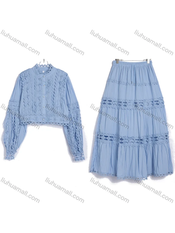 Wholesale Women's Vacation Eyelet Lace Long Sleeve Button Up Shirt And Tiered Ruffle Skirt 2 Piece Set #2521