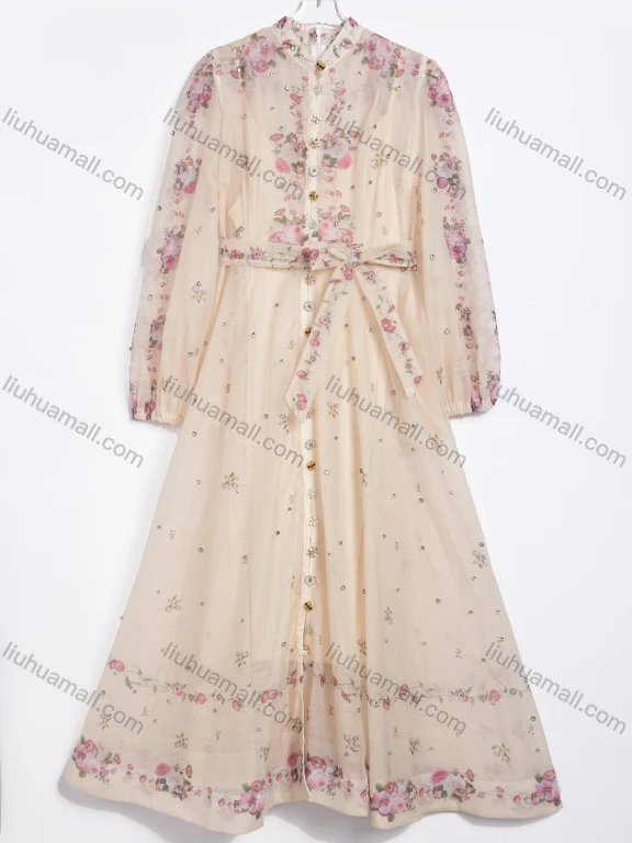 Wholesale Women's Vacation Floral Print Sheer Long Sleeve V Neck Maxi Dress 2 Piece Set