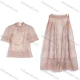 Wholesale Women's Vacation Sheer Toile Print Short Sleeve Tie Neck Shirt And Wide Leg Pants 3 Piece Set Pink Clothing Wholesale Market Liuhua