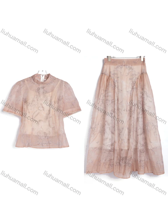 Wholesale Women's Vacation Sheer Toile Print Short Sleeve Tie Neck Shirt And Wide Leg Pants 3 Piece Set