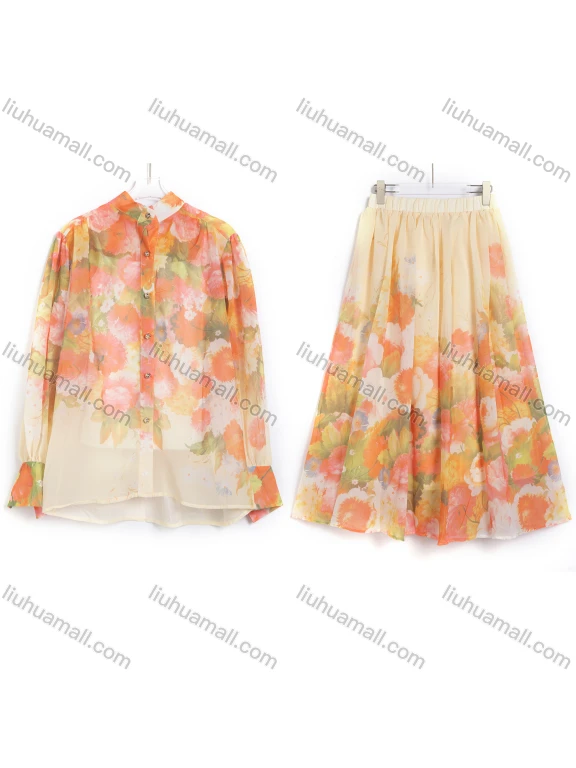 Wholesale Women's Vacation Floral Print Sheer Tie Neck Button Up Shirt And Camisole And Wide Leg Pants 3 Piece Set #ML9075