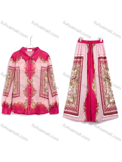 Wholesale Women's Vacation Baroque Print Collared Shirt And Elastic Waist Wide Leg Pants Set #3393