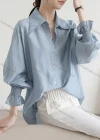 Wholesale Women's Elegant Collared Poet Sleeve Button Down Shirred Ruched Plain Shirts 879738# - Liuhuamall