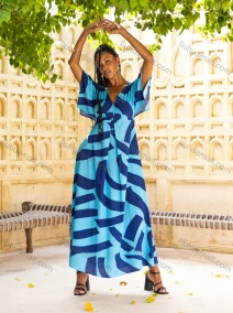 Wholesale Women's Casual Stripe Print Wrap Deep V Neck Ruched Short Sleeve Woven Maxi Dress V5415#, LIUHUA CLOTHING WHOLESALE