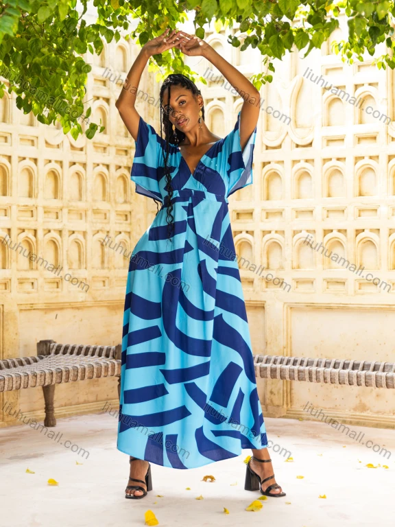 Wholesale Women's Casual Stripe Print Wrap Deep V Neck Ruched Short Sleeve Woven Maxi Dress V5415#