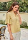 Wholesale Women's V Neck Ruffle Sleeve Button Front Plain Blouse AY227# - Liuhuamall