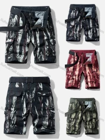 Wholesale Men's Casual Pockets Zipper Fly Abstract Print Short Cargo Pant With Belt, LIUHUA CLOTHING WHOLESALE