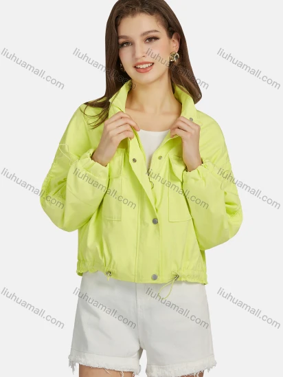 Wholesale Women's Casual Flap Pockets Snap Buttons Stand Collar Drawstring Windbreaker Jacket M-E15#