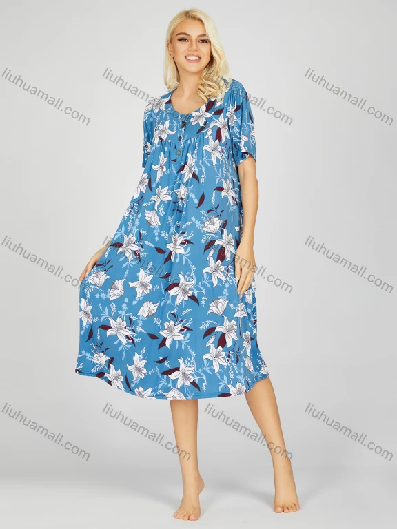Wholesale Women's Milk Silk Allover Floral Print Button Front Crew Neck Ruched Lounge Short Sleeve Midi Night Dress 803#