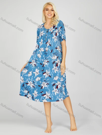 Wholesale Women's Milk Silk Allover Floral Print Button Front Crew Neck Ruched Lounge Short Sleeve Midi Night Dress 803#