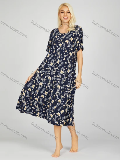 Wholesale Women's Milk Silk Butterfly Floral Print Crew Neck Lounge Short Sleeve Midi Night Dress 1006#