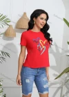 Wholesale Women's Casual Slim Fit Heart Print Crew Neck Short Sleeve T-Shirt - Liuhuamall
