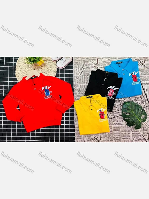 Wholesale Boy's Comfy Long Sleeve Letter Graphic Print Button Elastic Polo Shirt