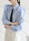 Wholesale Women's Casual Collared Shirt Sleeve Ruffle Trim Tie Front Notched Hem Plain Shirts 225347# - Liuhuamall