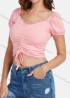 Wholesale Women's Off Shoulder Drawstring Ruched Lantern Sleeve Lace Trim Crop Blosue - Liuhuamall